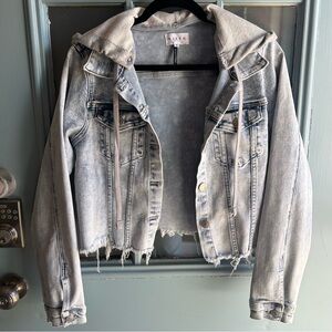 Denim Jacket Hooded Drawstring Frayed Raw Hem Cropped Risen Light Wash Medium
